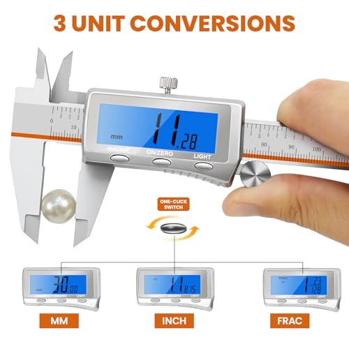 Digital Caliper, Rechargeable Digital Calipers with Backlight LCD & Auto-Off, Stainless Steel Measuring Tool, Inch/MM/Fraction Conversion for 3D Printing DIY Woodworking 6 Inch 6-IN