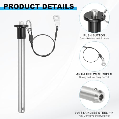 PATIKIL 3/8"(9.5mm) Diameter 304 Stainless Steel Quick Release Pin, Usable Length 3.9"(100mm) Push-Button Ball Locking Pin with 25cm Lanyard Cable M5 Screw, Silver 3/8" x 3.9"