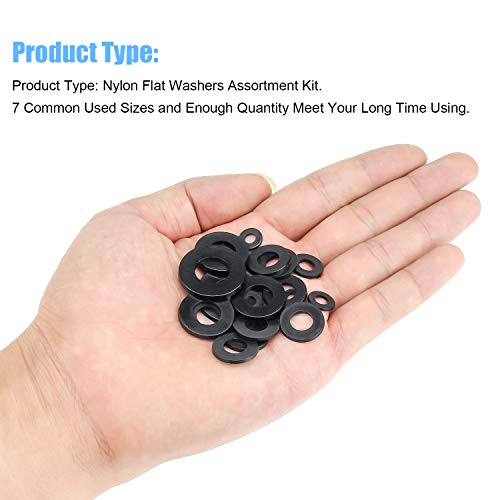 DYWISHKEY 720 Pieces 7 Sizes Black Nylon Flat Washers Assortment Kit (M3 M4 M5 M6 M8 M10 M12)