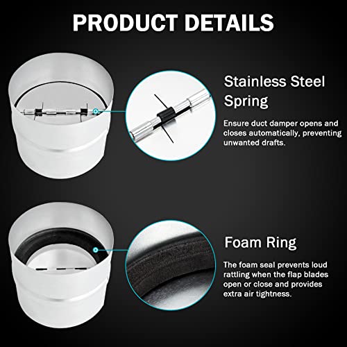 4 Inch Draft Blocker Backdraft Damper Duct Draft Stopper One-Way Airflow Ducting Insert Backflow Preventer Inline Fan Vent Deflector 4 Inch Silver