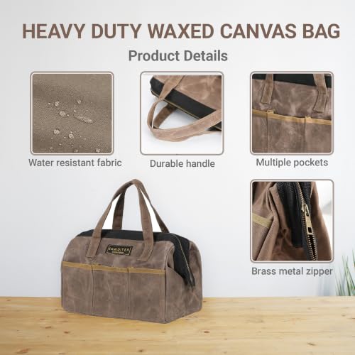 Tool Bag, 13-inch Heavy Duty 16oz Waxed Canvas Wide Mouth Water-Resistant Tool Bag, Tool Tote with Handle for Tools, Wrenches, Screwdrivers (13 X 7 X 9 inch) | Grey 13 Inch