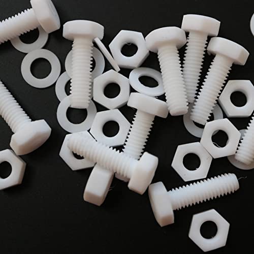 10x Natural PTFE Hex Head Plastic Screws & Bolts M6 x 20mm, Nuts & Washers