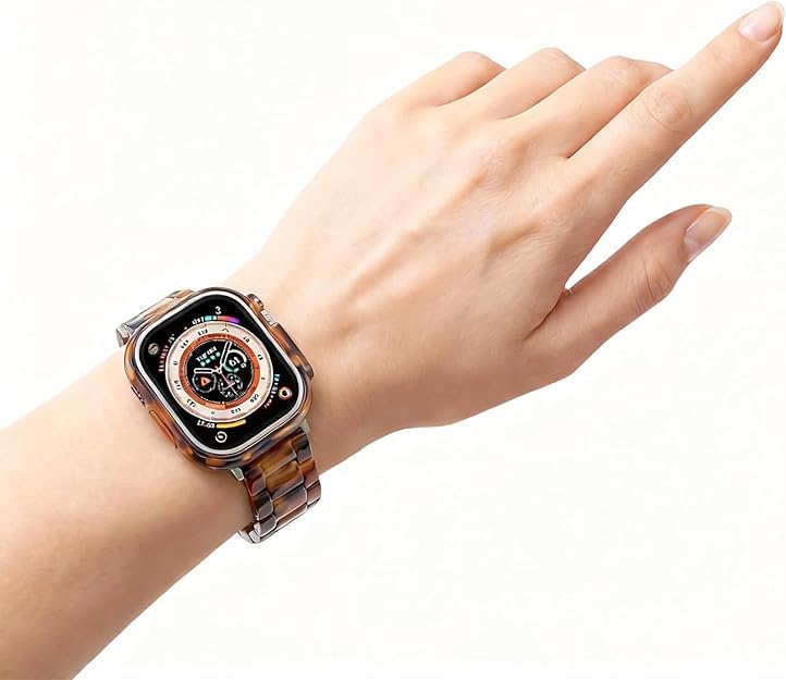 Band with Case Compatible with Apple Watch 49mm Ultra 3 2 1, [No Screen Protector] Women Men Fashion Resin Strap Bumper for iWatch Ultra Tortoiseshell-Titanium Ultra 3 2 1,49mm