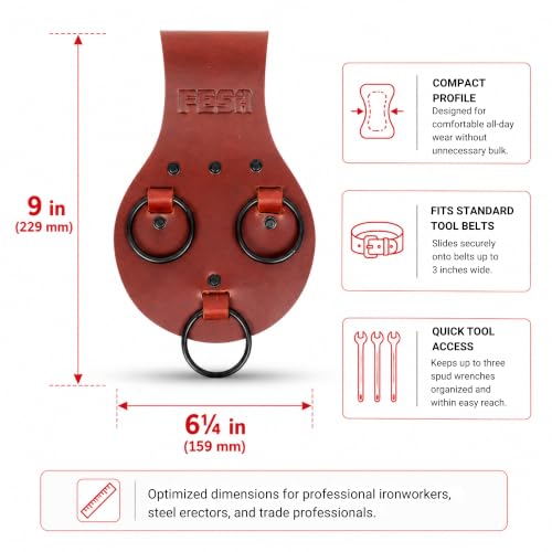 FESA Spud Wrench Holder, Full Grain Leather, Holds 3 Wrenches Cherry - With Rings