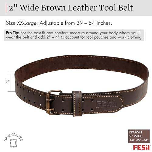 FESA Men's Leather Tool Belt - Handcrafted Top Grain Leather Tool Pouch Belt for Carpenters & Other Trade Professionals Brown - 2" Wide - Xxl