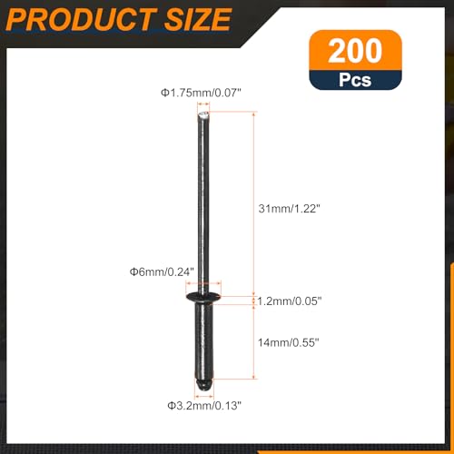 uxcell 200Pcs 1/8"x1/2" Countersunk Head Blind Rivets, Black