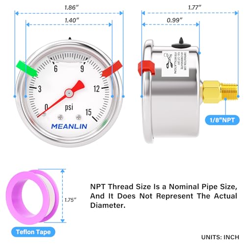 MEANLIN MEASURE 0~15Psi Stainless Steel Liquid Filled Pressure Gauge, 1/8" NPT 1.5" Luminous Dial, Glycerin Filled for Water Oil Air Center Back Mount with 2PCS Snaps 0-15Psi
