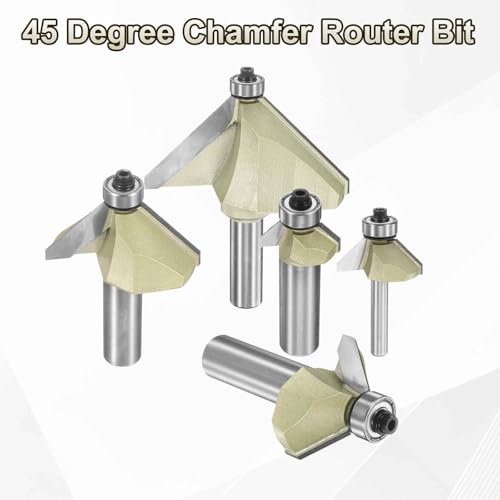HARFINGTON 45 Degree Chamfer Router Bit 1/2 Inch Shank 2" Cutting Edge Carbide Tip with Bearing for Woodworking Milling Cutter Tool, Gold 1/2" x 2"