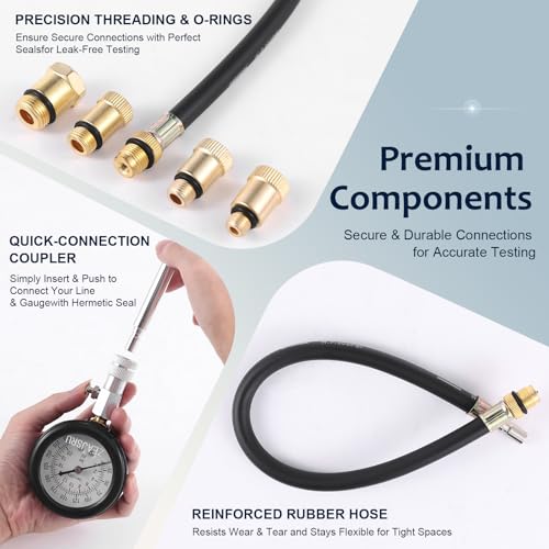Engine Compression Tester Kit 8PCS, 0-300 PSI Cylinder Pressure Test Tool for Gasoline Engines on Cars, Motorcycles, ATVs & Small Engines with Dual Scale Gauge and Adapters (Black-8PC) Black-8PC