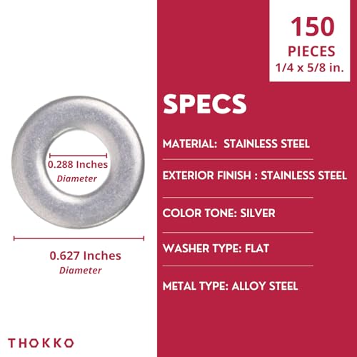 1/4" Stainless Flat Washer, 5/8" Outside Diameter, 18-8 (304) Stainless Steel Smooth Surface Flat Washers - 150 Pack