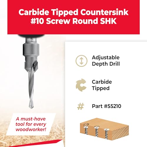 Amana Tool Carbide Tipped Countersink Drill Bit, 55210, 10 Screw, 7/16 Dia x 3/16 Drill Dia x 3/8 Round Shank