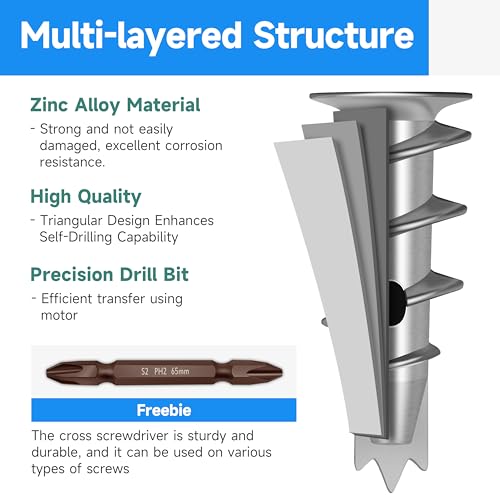 #8 Zinc Self Drilling Metal Drywall Anchors, 50Pcs Drywall Anchors and Screws Kit, 50 Heavy Duty Sheetrock Anchors + 50#8 x 1-1/4" Screws, 50LB Wall Hanging Kit