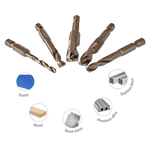 NordWolf 5-Piece M35 Cobalt Stubby Drill Bit Set for Stainless Steel & Hard Metals, with 1/4" Hex Shank for Quick Chucks & Impact Drivers, SAE Sizes 9/64"-7/32"-15/64"-21/64"-25/64" in Storage Box 9/64" to 25/64" (5 Pcs)