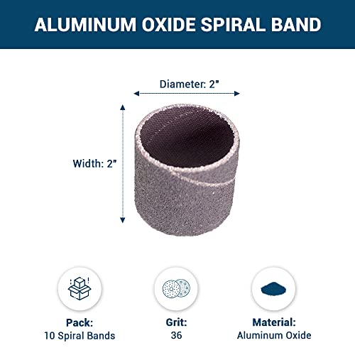 Benchmark Abrasives 2" x 2" Aluminum Oxide Sanding Bands, Spiral Bands Rotary Sander Attachment for Drill & Die Grinder, Metal Polishing, Sanders for Woodworking - Sander Tool (10 Pack), 36 Grit