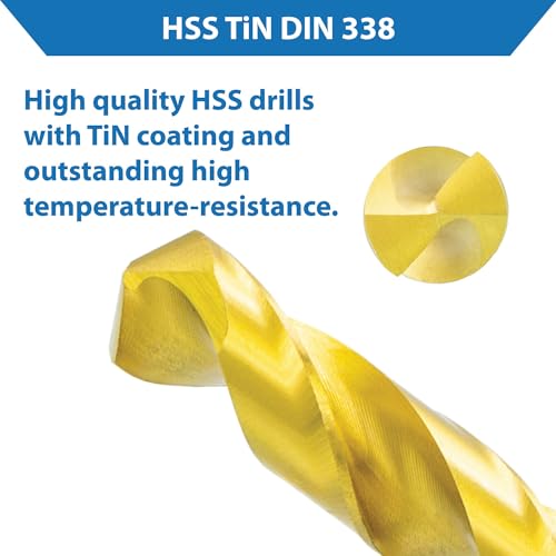 TJR® HSS TiN Twist Drill Bit Set 19 Pieces 1-10mm 0.5mm Steps Self-Centering Metal Drill Bit DIN 338 Type N 118°, for Stainless Steel, Steel, Aluminum Profiles with top Drilling Precision