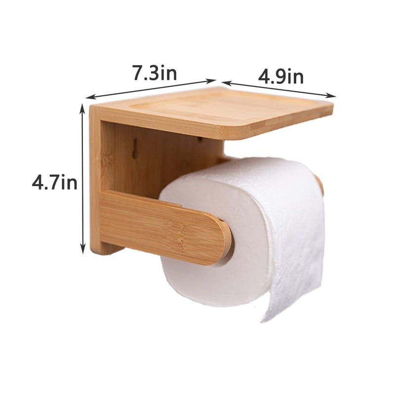 Toilet Paper Holder with Phone Shelf Bamboo Toilet Paper Storage Wall-Mounted, No-Drill & Drillable Space Saver Tissue Roll Rack for Bathroom, Kitchen, Home Décor(Bamboo)