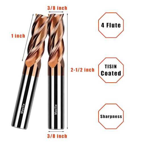 2pcs 3/8" Carbide End Mill Bits Set - 3/8" Diameter, 2-1/2'' Overall Length - 4 Flutes Milling Bits for Alloy Steels, Hardened Steels, Copper, Cast Iron 3/8 inch