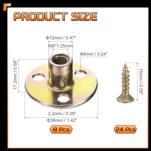 uxcell 8Pcs M8 T-Nuts, Zinc Plated Steel Brad Hole Tee Nut with Screws, 3-Hole Round Base Weld Nuts 17.2mm Height Through Hole Flange Insert Female Thread Plate Nuts, Multicolor M8 x 17.2mm
