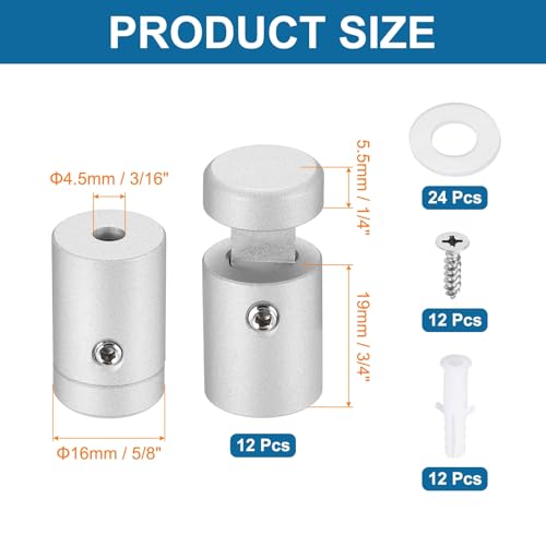 MECCANIXITY 12pcs Side Clamp Standoffs, 5/8" x 3/4" Silver Aluminum Standoff Screws Wall Sign Mounting Hardware Edge Grips for Acrylic Signs, Hanging Picture Frame, Advertising 5/8" x 3/4"