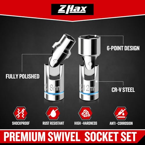 ZHAX 12-Piece 1/4” Drive Universal Flex Socket Set, 6-Point Metric (5-15mm) Swivel Joint With CR-V Steel for Tight Spaces