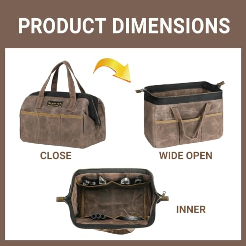 Tool Bag, 13-inch Heavy Duty 16oz Waxed Canvas Wide Mouth Water-Resistant Tool Bag, Tool Tote with Handle for Tools, Wrenches, Screwdrivers (13 X 7 X 9 inch) | Grey 13 Inch