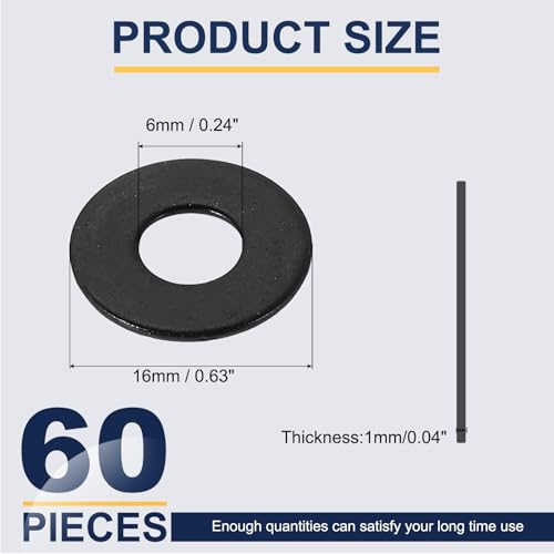 uxcell 60 Pcs Flat Washer for Screws, Stainless Steel Washers 6mm ID x 16mm OD x 1mm Thick for Bolts, Factories Repair, Kitchens, Shops, and Outdoor Construction, Black
