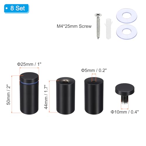 PATIKIL 1 x 2 Inch Sign Standoff Screws, 8 Set Stainless Steel Wall Standoff Mounting Hardware Advertising Glass Nail for Hanging Acrylic Picture Frame Acrylic Panel, Black