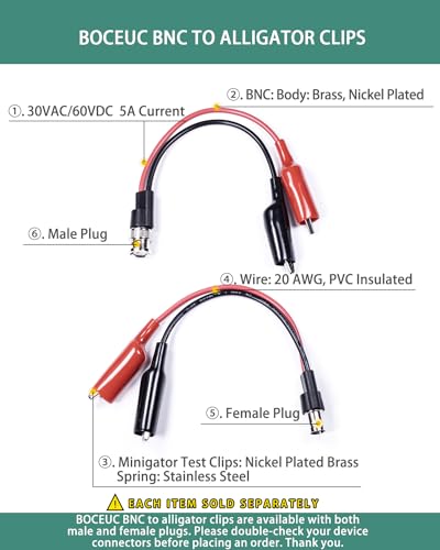 BNC Test Leads, BNC (F) to Alligator Clip, Test Lead Breakout Cable for Multimeter, 5A Current Rating, 2 Pack Female Plug (Pack of 2)