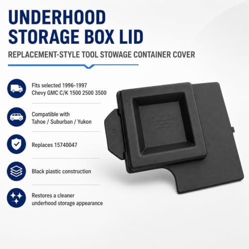 Underhood Tool Storage Box Lid Compatible with 1996-1997 Chevrolet and GMC C/K 1500 2500 3500, Tahoe, Suburban and Yukon, Tool Stowage Container Cover Replaces 15740047, Black, Lid Only