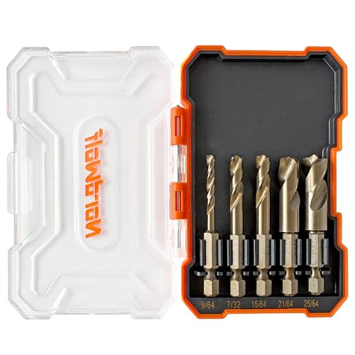 NordWolf 5-Piece M35 Cobalt Stubby Drill Bit Set for Stainless Steel & Hard Metals, with 1/4" Hex Shank for Quick Chucks & Impact Drivers, SAE Sizes 9/64"-7/32"-15/64"-21/64"-25/64" in Storage Box 9/64" to 25/64" (5 Pcs)