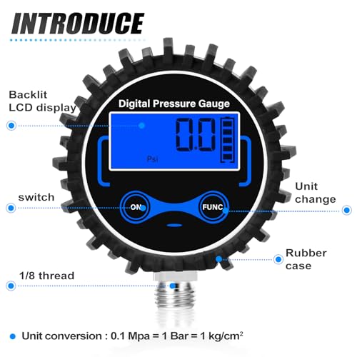MEANLIN MEASURE 0-300PSI Digital Pressure Gauge with Rubber Cover, Lower Mount, Accuracy 1%, Resolution 0.1psi, with 1/8" x 1/4" and 1/8" x 3/8" NPT Hex Bushing 0 - 300 PSI Lower Mount (1/8 NPT)