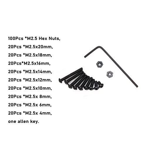 280pcs M2.5 Button Head Hex Socket Cap Screws and M2.5 Black Hex Nuts Assortment Kit with Allen Key, 4mm/ 6mm/ 8mm/ 10mm/ 12mm/ 14mm/ 16mm/ 18mm/ 20mm