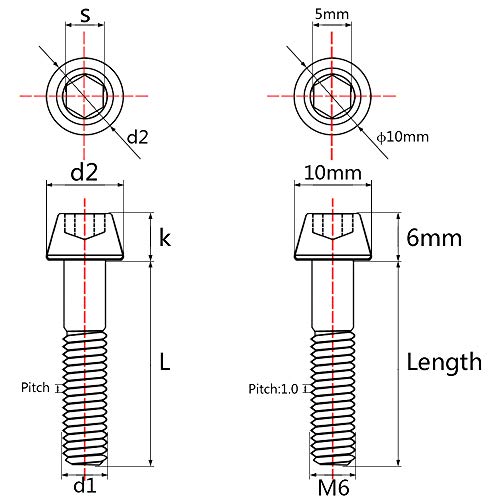 Titanium M6 Tapered Bolt Allen Hex Screw (M6X45mm, Black) M6X45mm