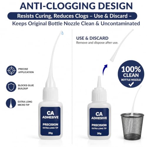 220Pcs Micro CA Glue Tips, Precision Glue Applicator Tips with Anti-Clogging Design & Extended Length for Super Glue Bottles, DIY Crafts, Model Building, Guitar Repair