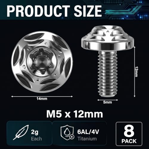 8 Pack Titanium Water Bottle Cage Bolts, M5x12mm, 6al/4v Ultra-Light 2g, Anti-Rust Bike Screws with T25 Wide Button Head for Road MTB Gravel Cycling Bottle Cage Mount Upgrade Hardware