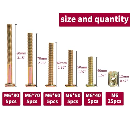 Baby Bed Crib Screws Hardware Replacement Kit, 25-Set M6x40mm/ 50mm/ 60mm/ 70mm/ 80mm Hex Drive Socket Cap Screws Barrel Nuts M6