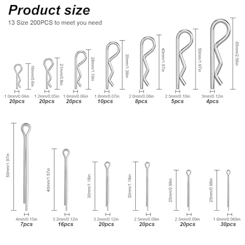 Cotter Pin Assortment Kit, Clevis Pin and R Clips Fasteners, 200Pcs 13 Sizes 304 Stainless Steel Cotter Pin for Hardware Automotive Machinery grey