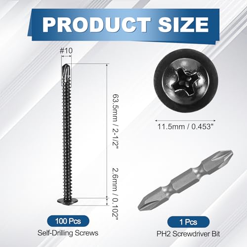 100Pcs #10x2-1/2 Self-Tapping Sheet Metal Screws Black Oxide