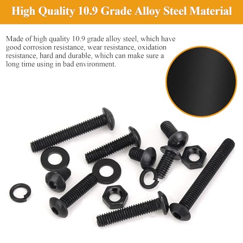 376 Pieces M4 Screws Nuts Washers Set Black, Sutemribor M4 x 6/8/12/16/20/25/30mm Button Head Socket Cap Screws Nuts Washers Assortment Kit, 10.9 Grade Alloy Steel, Fully Threaded