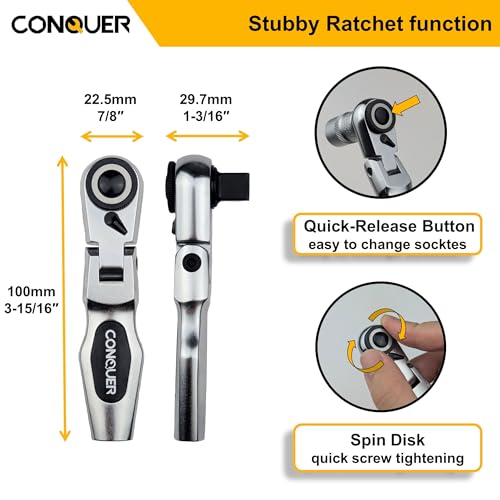 CONQUER 3/8" Drive Flex Head Ratchet Wrench, 4" Stubby Length Stubby Flex Head