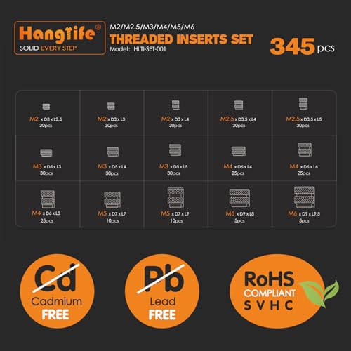 HANGLIFE Heat-Set Threaded Inserts, M2 M2.5 M3 M4 M5 M6 Assortment Box (345 Pieces) Heat Set Insert for 3D Printing Components and Plastic Parts - Brass Metric Knurled Nuts Assortment Kit(345pcs)