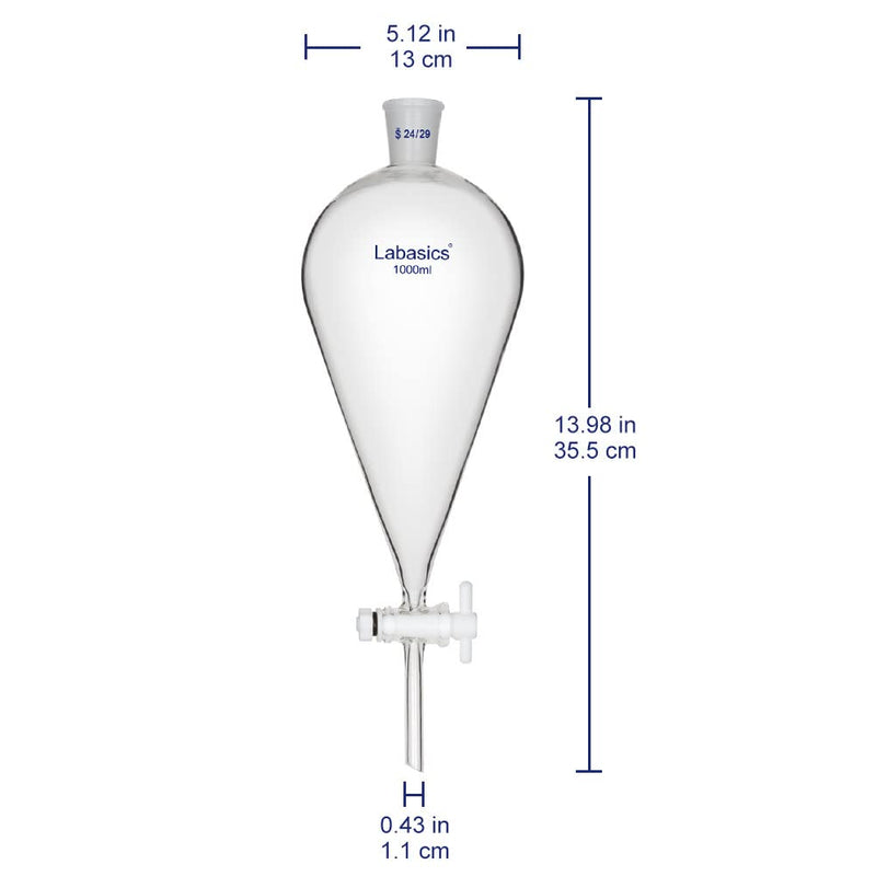 Labasics Conical Separatory Funnel, 1000 ml Heavy Wall Borosilicate Glass Separating Funnel with 24/29 Joints and PTFE Stopcock