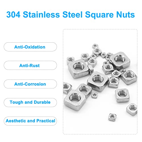 200Pcs Metric 304 Stainless Steel Square Nuts Assortment Kit, INCONTESTA Machine Square Screw Nuts for M3 M4 M5 M6 M8 M10 Screws Bolt