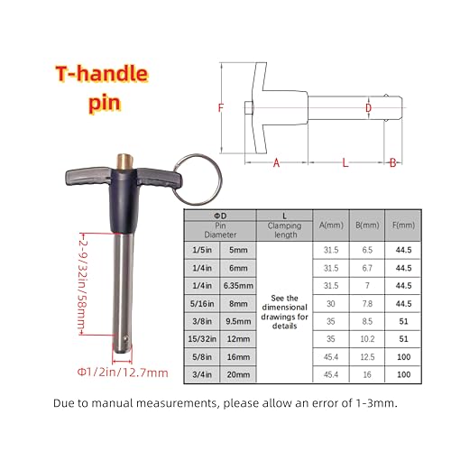 304 Stainless Steel T-Handle Lock pin, Ball Lock, Quick Release pin with Push Button, Dowel pin with Lanyard (1, Dia:1/2, L:2-9/32in/58mm) 1