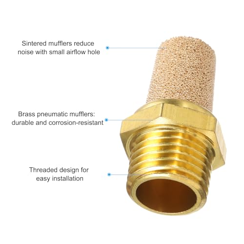 PATIKIL Pneumatic Muffler NPT 1/4, 3 Pack Sintered Bronze Brass Air Compressor Exhaust Muffler Filters Air Solenoid Valve Muffler Fitting for Automation Pneumatic Equipment, Golden
