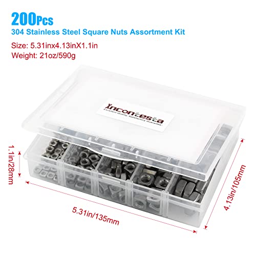 200Pcs Metric 304 Stainless Steel Square Nuts Assortment Kit, INCONTESTA Machine Square Screw Nuts for M3 M4 M5 M6 M8 M10 Screws Bolt