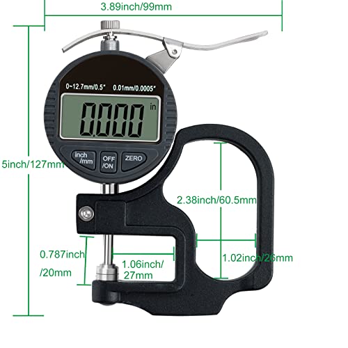 Digital Thickness Gauge 0.5 inch/12.7mm, 0.0005 inch/0.01mm Accuracy 0.5"/0.0005"