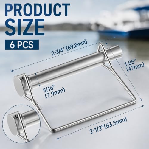 Hicarer 5/16" X 2-3/4"（8mm X 70mm） 6 Pack Safety Coupler Pins, Trailers Hitch Pin, 316 Stainless Steel Trailer Coupler Pin Heavy Duty Trailer Latch Pins with Wire Retainer for Boat Farm Equipment 5/16" X 2-3/4"（8mm X 70mm）