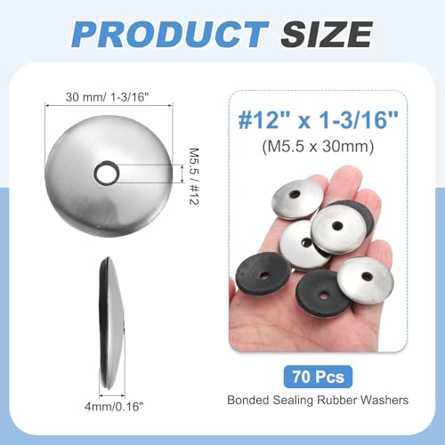 MECCANIXITY 70Pack Stainless Steel EPDM Bonded Sealing Washers, #12 x 1-3/16" Neoprene Cushioning Washer Gasket for Screws Bolts Machinery (M5.5x30mm) #12 x 1-3/16"(M5.5x30mm) 70
