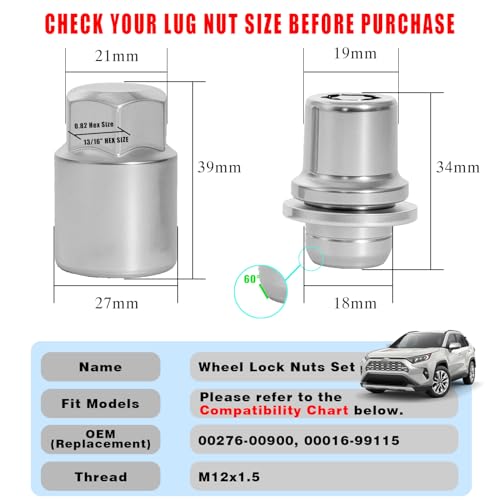 M12 x 1.5 Wheel Lock Lug Nuts Set, OEM 00276-00900 Automotive Replacement Silver